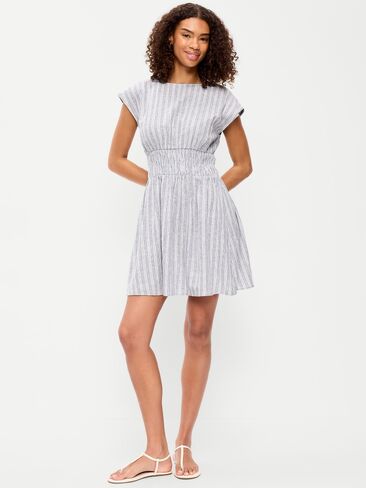 Old Navy Smocked-Bodice Fit & Flare Mini Dress - Blue Multi Stripe in Saudi Arabia