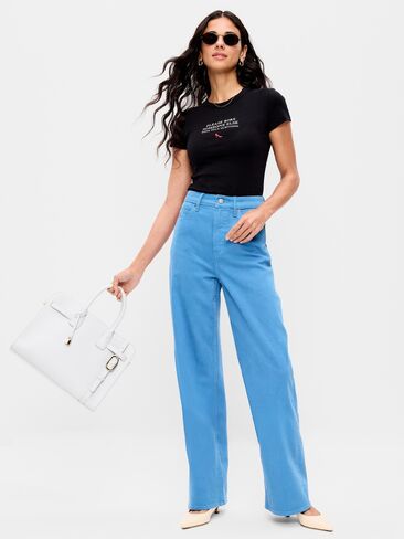 Old Navy Old Navy x The Devil Wears Prada بنطال جينز سيروليان عالي الخصر وواسع الساق - سيروليان in Saudi Arabia