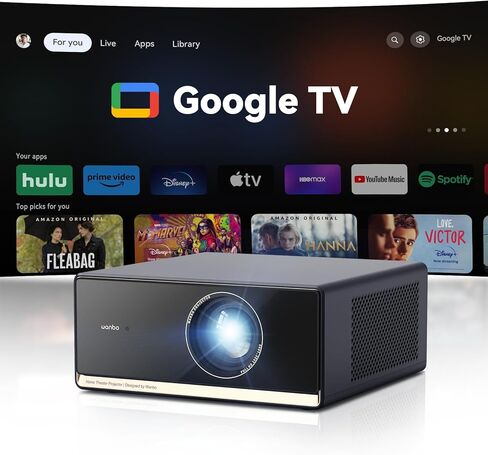 [1100 ANSI & Google TV] جهاز عرض Wanbo X5 Pro 4K مزود بواي فاي وبلوتوث، جهاز عرض أفلام منزلي خارجي، تركيز تلقائي وحجر مفاتيح، ضوضاء منخفضة 26 ديسيبل، أصلي 1080 بكسل، جهاز عرض ذكي مع Netflix وGoogle Play in Saudi Arabia