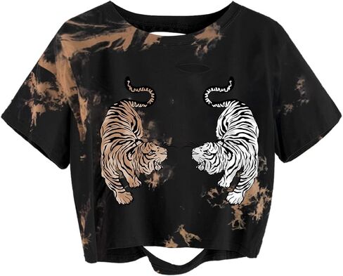 Avanova Tigers Graphic Cropped Tee Shirts Short Sleeve Crop Tops Distressed Ripped T-Shirt in Saudi Arabia