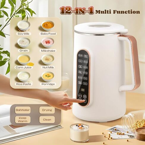 صانع حليب الصويا بسعة 40 أونصة من Moongiantgo، ماكينة صنع حليب اللوز الأوتوماتيكية 8-1، حليب نباتي، حليب الشوفان، مشروبات خالية من الألبان، ماكينة صنع حليب الجوز بـ 10 شفرات مع تأخير البدء/الحفاظ على الدفء/التنظيف التلقائي لمدة 12 ساعة، أبيض in Kuwait