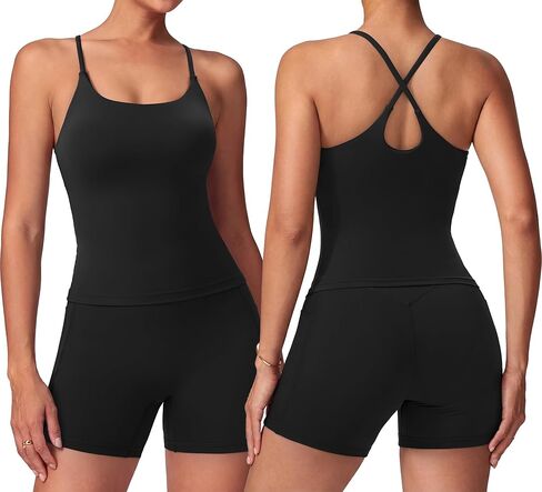 SUUKSESS Women 2 Piece Workout Sets Padded Yoga Tank Top High Waisted Biker Shorts with Pockets in Saudi Arabia