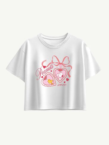 تيشيرت بأكمام قصيرة برسومات مربعة للبنات من Old Navy Peanuts Snoopy Woodstock Heart Locket - ابيض in Kuwait