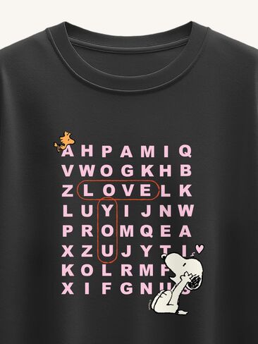 Old Navy Peanuts I Love You Snoopy Word Search Short Sleeve Boxy Graphic T-Shirt For Girls - Black in Saudi Arabia