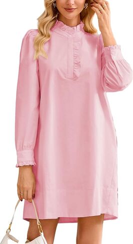 Women's Puff Long Sleeve Stand Ruffle Collar Mini Dress Casual A Line Shift Dress with Pockets in Saudi Arabia