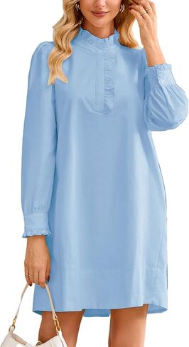Women's Puff Long Sleeve Stand Ruffle Collar Mini Dress Casual A Line Shift Dress with Pockets in Saudi Arabia