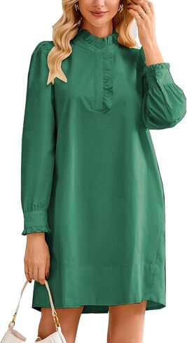 Women's Puff Long Sleeve Stand Ruffle Collar Mini Dress Casual A Line Shift Dress with Pockets in Saudi Arabia