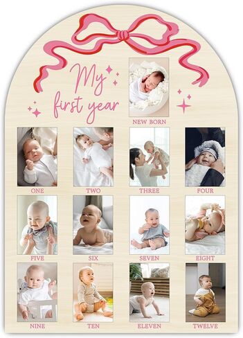 My First Year Milestone Photo Board, One Year of Wood Photo Board, 12 Monthly Baby Picture Frame, Pink Bow Nursery Decor, Girl Boy 1st Birthday Decorations, Baby Shower Keepsake Best Gift-A15 in Saudi Arabia