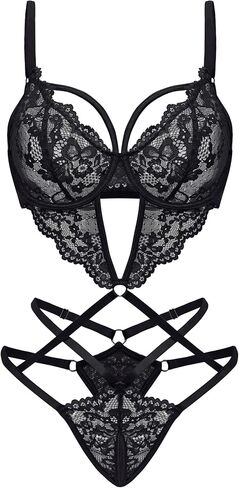 Donnalla Women's Sexy Push Up Lingerie Deep V Teddy Bodysuit One Piece Lace Babydoll Nightgown Cut Out Outfit in Saudi Arabia