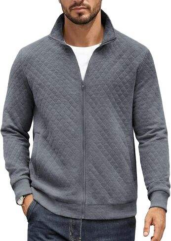 Mens Sweatshirt Full Zip Up Mock Neck Quilted Jacket Sweatshirt for Men Lightweight Casual Sweater with Pocket in Saudi Arabia