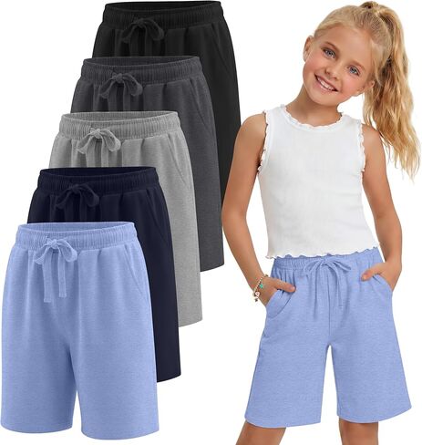 5 Pack Girls' Bermuda Shorts Knee Length Summer Long Shorts for Kids Drawstring Athletic Shorts with Pockets 5-14Y in Kuwait