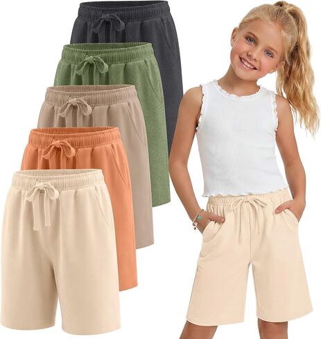5 Pack Girls' Bermuda Shorts Knee Length Summer Long Shorts for Kids Drawstring Athletic Shorts with Pockets 5-14Y in Kuwait