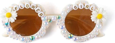 PANTIDE Flower Girl Sunglasses - Daisy Floral Rhinestone Round Shaped Sunglasses, Wedding Engagement Party Favors Outdoor Beach Glasses Accessories, Jewelry Gift for Girl Little Bridesmaid (White) in Kuwait