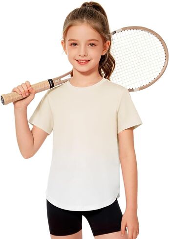 Haloumoning Girls Gradient Short Sleeve Athletic Shirts Kids Summer Crewneck Quick Dry Tees with Curved Hem 5-14 Years in Saudi Arabia