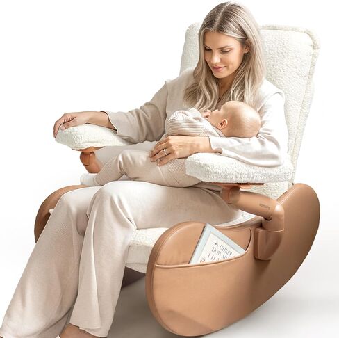 MAMAZING Lullabud Nursery Rocking Chair with Adjustable Armrests for Living Room, Upholstered Nursing Chair with Removable Cover for Breastfeeding(Brown/Beige) in Saudi Arabia