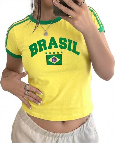 Women's Graphic Baby Tees Vintage Mexico Jersey Shirt Y2K USA Crop Top Brazil T-Shirt 2000s Summer Short Sleeve Outfit in Saudi Arabia