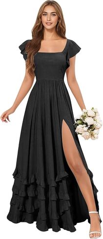 GATMAHE Tiered Chiffon Bridesmaid Dresses for Women Ruched Ruffle Square Neck Long Formal Maxi Dress with Slit in Saudi Arabia