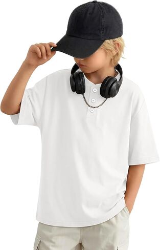 Boys Short Sleeve Shirts Kids Oversized Henley Tees Loose Casual Summer Button Basic Tops 5-14 Years in Saudi Arabia