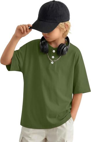 Boys Short Sleeve Shirts Kids Oversized Henley Tees Loose Casual Summer Button Basic Tops 5-14 Years in Saudi Arabia