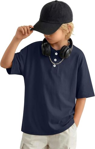 Boys Short Sleeve Shirts Kids Oversized Henley Tees Loose Casual Summer Button Basic Tops 5-14 Years in Saudi Arabia