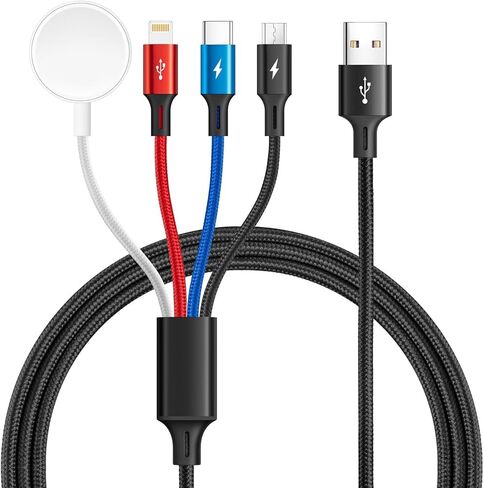 Travel 4 in 1 Multi Charging Cable for Apple Watch Charger, Magnetic Wireless Charger, Braided Multi Charger USB C/Lightning/Micro Port for iWatch Series UItra/SE/10-1/iPhone 16 15 14/Galaxy S23-4Ft in Saudi Arabia