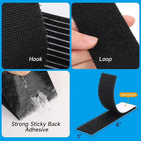Hook and Loop Fastener Strips with Adhesive, 12 Sets 4x2 Inch Nylon Heavy Duty Fasteners Sticky Back Tape, Double-Sided Adhesive Mounting Tape for Indoor Outdoor Home Office School Use, Black in Saudi Arabia