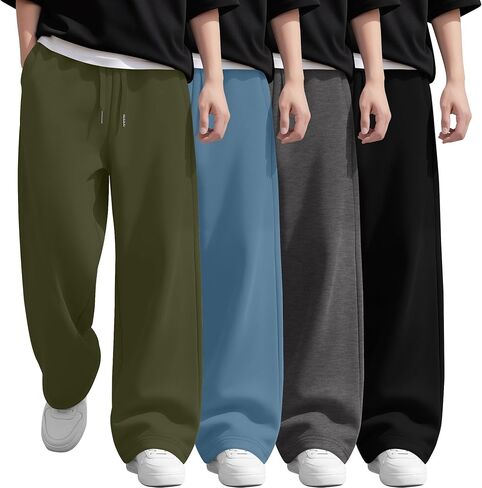 4 Pack Boy's Wide Leg Sweatpants Elastic Waist Baggy Athletic Pants Open Bottom Kids Casual Joggers with Pockets in Saudi Arabia