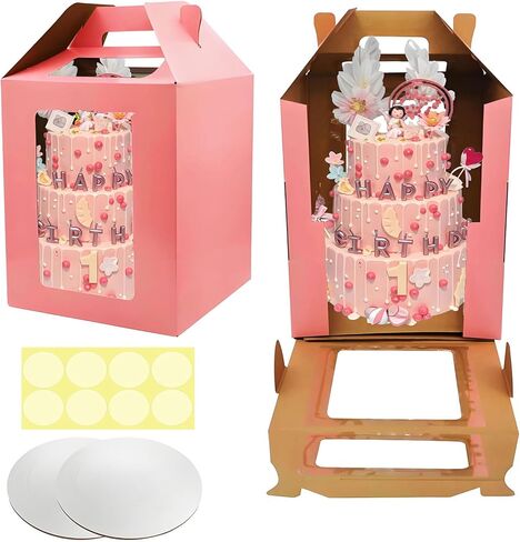Cake Boxes - 2 Pack Tall Cake Box 12x12x14 Inch Disposable Layer Carrier with Window Large Tierd Cake Out Transport Containers with Handle for Wedding, Birthday, Party (White) in Saudi Arabia