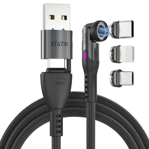شاحن هاتف مغناطيسي Statik 360 Pro - كابل شحن مغناطيسي USB C، كابل شحن مغناطيسي 3 في 1، iProduct، Micro-USB، USB-A وUSB C كابل شحن مغناطيسي - أسود، 6FT/2M in Saudi Arabia
