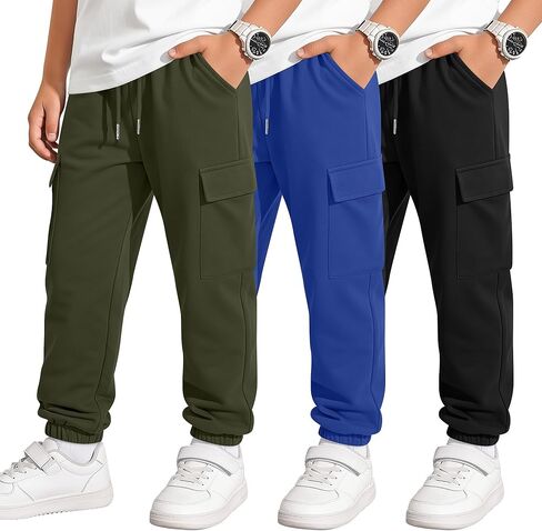 3 Pack Boy's Cargo Sweatpants Kids Teens Drawstring Running Joggers with Pockets Elastic Waistband Athletic Pants in Saudi Arabia
