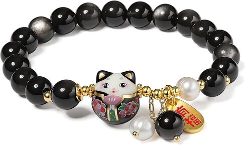 Lucky Cat Bracelet with Blue Crystal, Ceramic Cat Pendant, Feng Shui Good Luck Jewelry for Women, Wealth & Protection Bracelet in Saudi Arabia