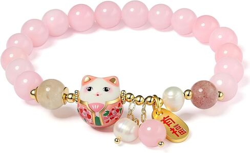 Lucky Cat Bracelet with Blue Crystal, Ceramic Cat Pendant, Feng Shui Good Luck Jewelry for Women, Wealth & Protection Bracelet in Saudi Arabia