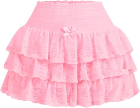 Women's Mini Skirt with Shorts Y2K Lace Ruffle Skirt Bow Cute Skort Layered Pleated Tiered Skirts in Saudi Arabia