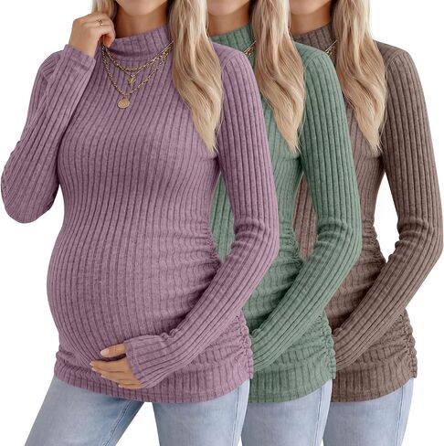Neer 3 Pack Women's Maternity Tops, Pregnant Long Sleeve Sweaters Mock Turtleneck Pregnancy Shirts Ribbed Knit Mama Clothes in Saudi Arabia