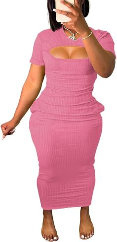 فستان نسائي قصير الأكمام تي شيرت Bodycon مضلع رقبة على شكل V ماكسي فستان الشمس أساسي للحفلات والنوادي الليلية - رمادي -M in Kuwait