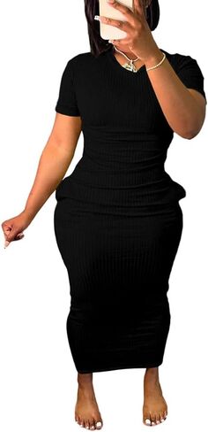 فستان نسائي قصير الأكمام تي شيرت Bodycon مضلع رقبة على شكل V ماكسي فستان الشمس أساسي للحفلات والنوادي الليلية - رمادي -M in Kuwait