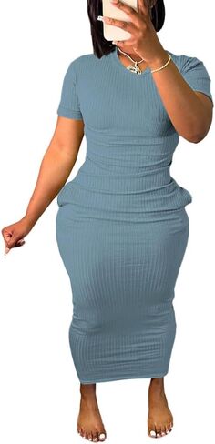 فستان نسائي قصير الأكمام تي شيرت Bodycon مضلع رقبة على شكل V ماكسي فستان الشمس أساسي للحفلات والنوادي الليلية - رمادي -M in Kuwait