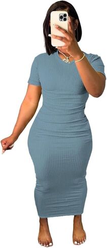 فستان نسائي قصير الأكمام تي شيرت Bodycon مضلع رقبة على شكل V ماكسي فستان الشمس أساسي للحفلات والنوادي الليلية - رمادي -M in Kuwait