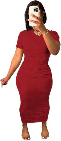 فستان نسائي قصير الأكمام تي شيرت Bodycon مضلع رقبة على شكل V ماكسي فستان الشمس أساسي للحفلات والنوادي الليلية - رمادي -M in Kuwait