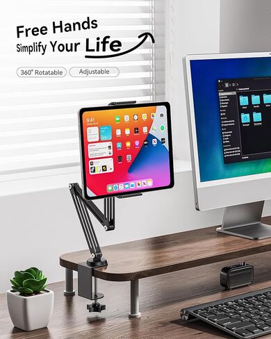 حامل كمبيوتر لوحي من سبائك الألومنيوم للمكتب، حامل هاتف قابل للطي على ذراع iPad قابل للتعديل 360 درجة متوافق مع iPad Pro Air 13/12.9/11 Mini، iPad 10/9th، شاشة محمولة 15.6، Samsung Galaxy Tab، Kindle in Kuwait