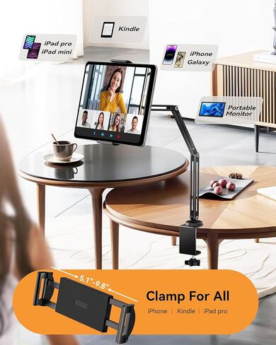 حامل كمبيوتر لوحي من سبائك الألومنيوم للمكتب، حامل هاتف قابل للطي على ذراع iPad قابل للتعديل 360 درجة متوافق مع iPad Pro Air 13/12.9/11 Mini، iPad 10/9th، شاشة محمولة 15.6، Samsung Galaxy Tab، Kindle in Kuwait