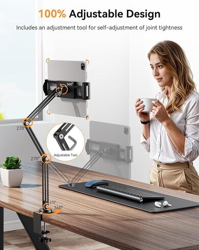 حامل كمبيوتر لوحي من سبائك الألومنيوم للمكتب، حامل هاتف قابل للطي على ذراع iPad قابل للتعديل 360 درجة متوافق مع iPad Pro Air 13/12.9/11 Mini، iPad 10/9th، شاشة محمولة 15.6، Samsung Galaxy Tab، Kindle in Kuwait
