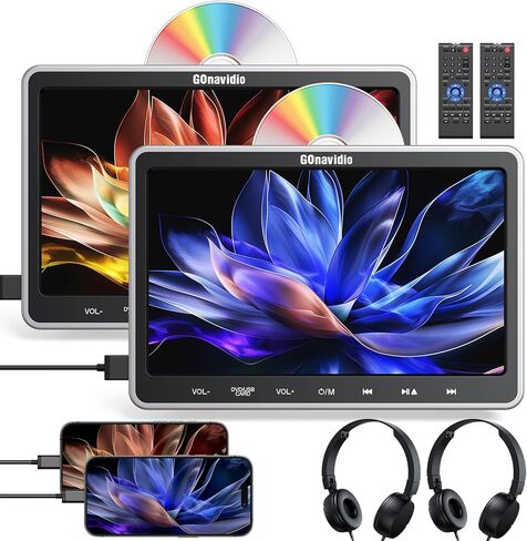 مشغلات DVD للسيارة مقاس 10.1 بوصة للأطفال مع مدخل HDMI وسماعات رأس، تدعم تشغيل أقراص DVD نفسها/المختلفة، الذاكرة الأخيرة، المنطقة الحرة، بطاقة USB SD (مشغلان DVD لمسند الرأس) in Kuwait