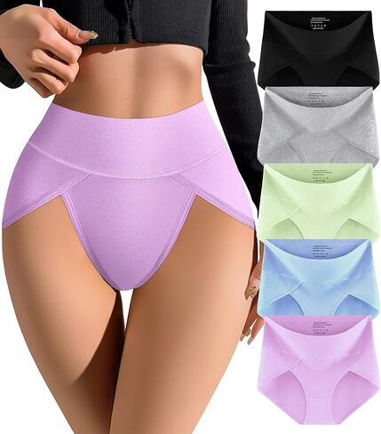 MISSWHO High Cut Women Underwear High Waisted Cotton Tagless Full Coverage Briefs Ladies 5 Pack Panties (Regular, Plus Size) in Saudi Arabia