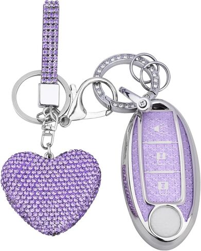 for Nissan 5 Buttons Key fob Cover with Diamond Heart Keychain, Car Accessories TPU for Altima Sentra Rogue Pathfinder Murano Armada Maxima Versa, Purple in Saudi Arabia