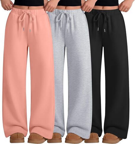 3 Pack Girls Wide Leg Sweatpants Kids Drawstring High Waist Baggy Pants Teen Athletic Trousers with Pockets in Saudi Arabia