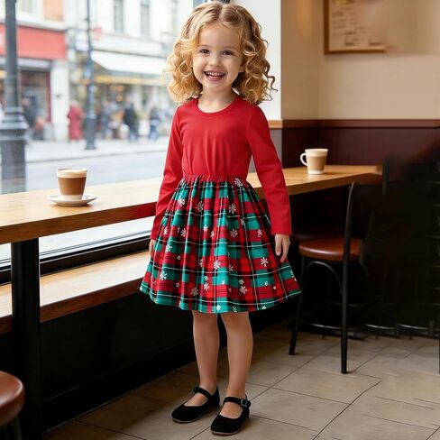 Toddler Girl Christmas Dresses Long Sleeve Plaid Casual Dresses A-Line Red Bow Holiday Outfits 4-7T in Saudi Arabia