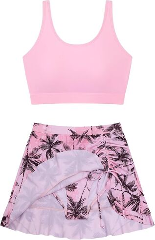 DAXIANG في سن المراهقة الفتيات قطعتين ملابس السباحة متواضعة كشكش تنورة Tankini مجموعة الأشرطة قابل للتعديل مجموعة البكيني للإزالة مبطن حجم 8-16 in Kuwait