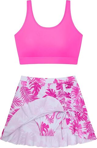 DAXIANG في سن المراهقة الفتيات قطعتين ملابس السباحة متواضعة كشكش تنورة Tankini مجموعة الأشرطة قابل للتعديل مجموعة البكيني للإزالة مبطن حجم 8-16 in Kuwait