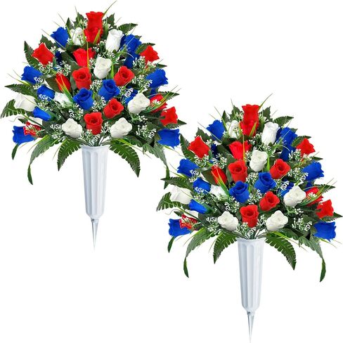 ICX Cemetery Flowers for Grave with Vase, 2 Sets of Memorial Day Flowers for Cemetery, Grave Blossoms with Roses, Lilies, Beautiful Arrangements Bouquet for Decorations (Pink in Kuwait